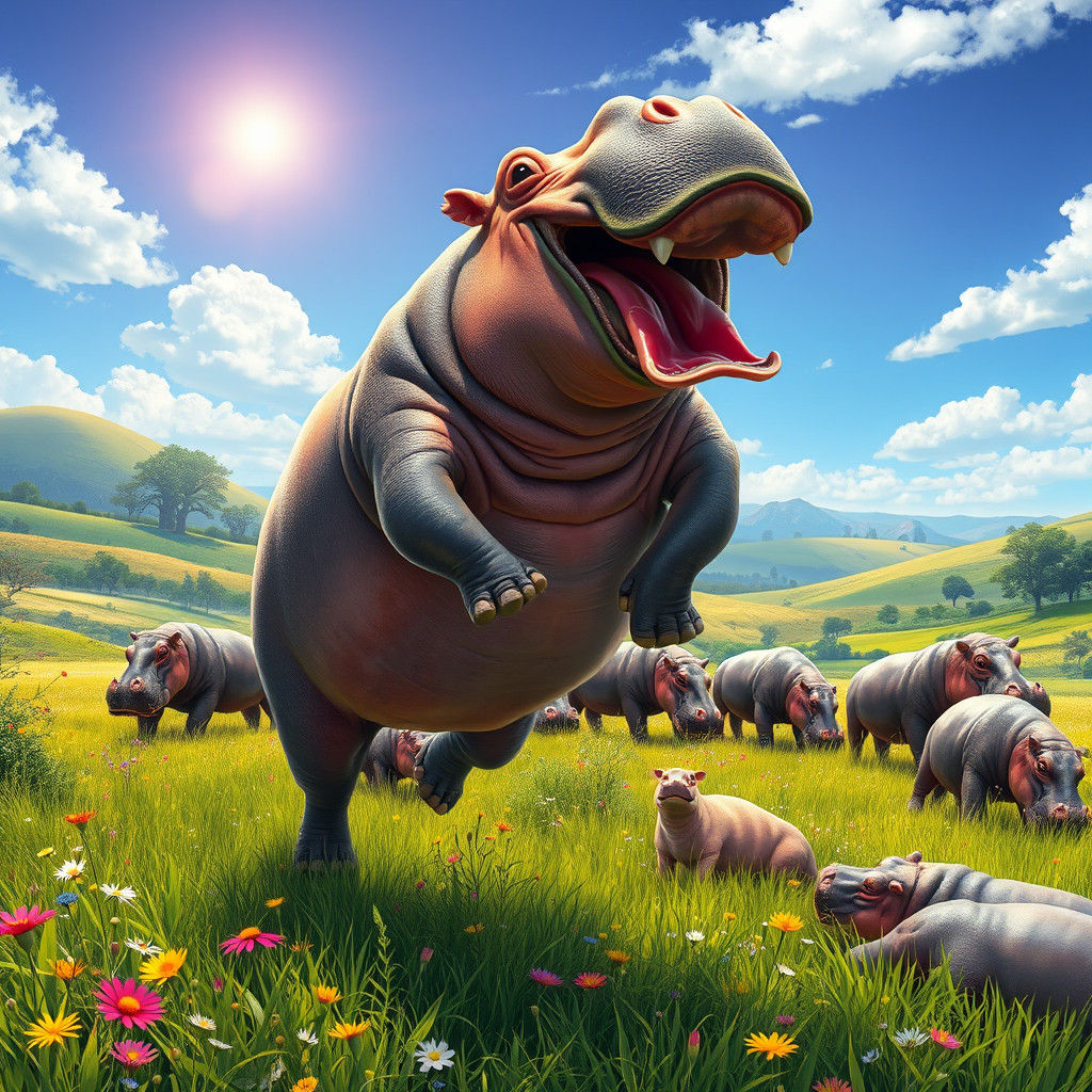 Playful Hippo Leaping in a Sun-Drenched Meadow