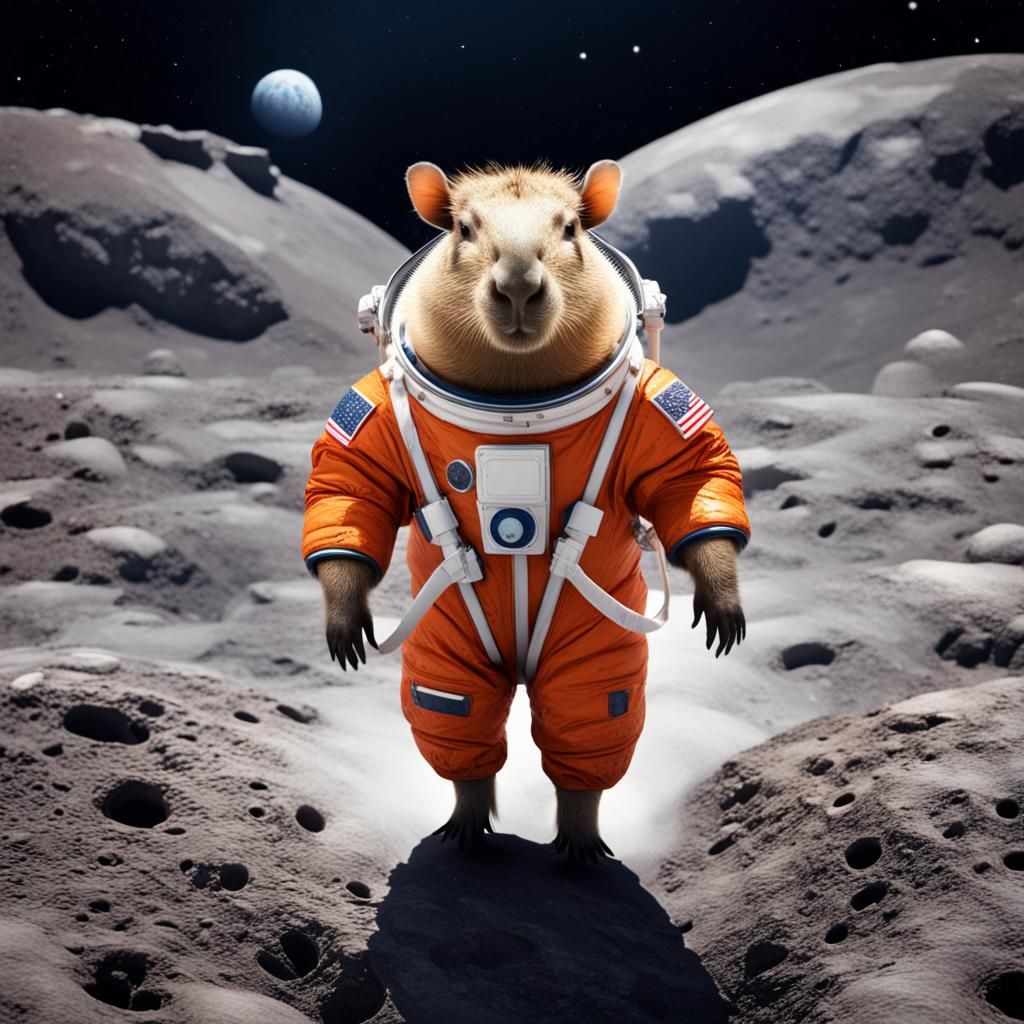 Capybara Astronaut Walks on the Moon