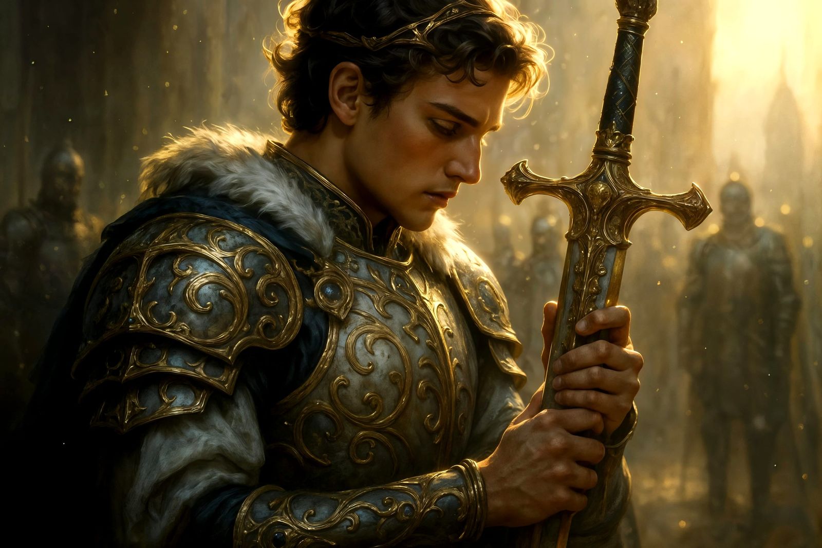 Pensive Prince Contemplates Gilded Sword in Digital Painting
