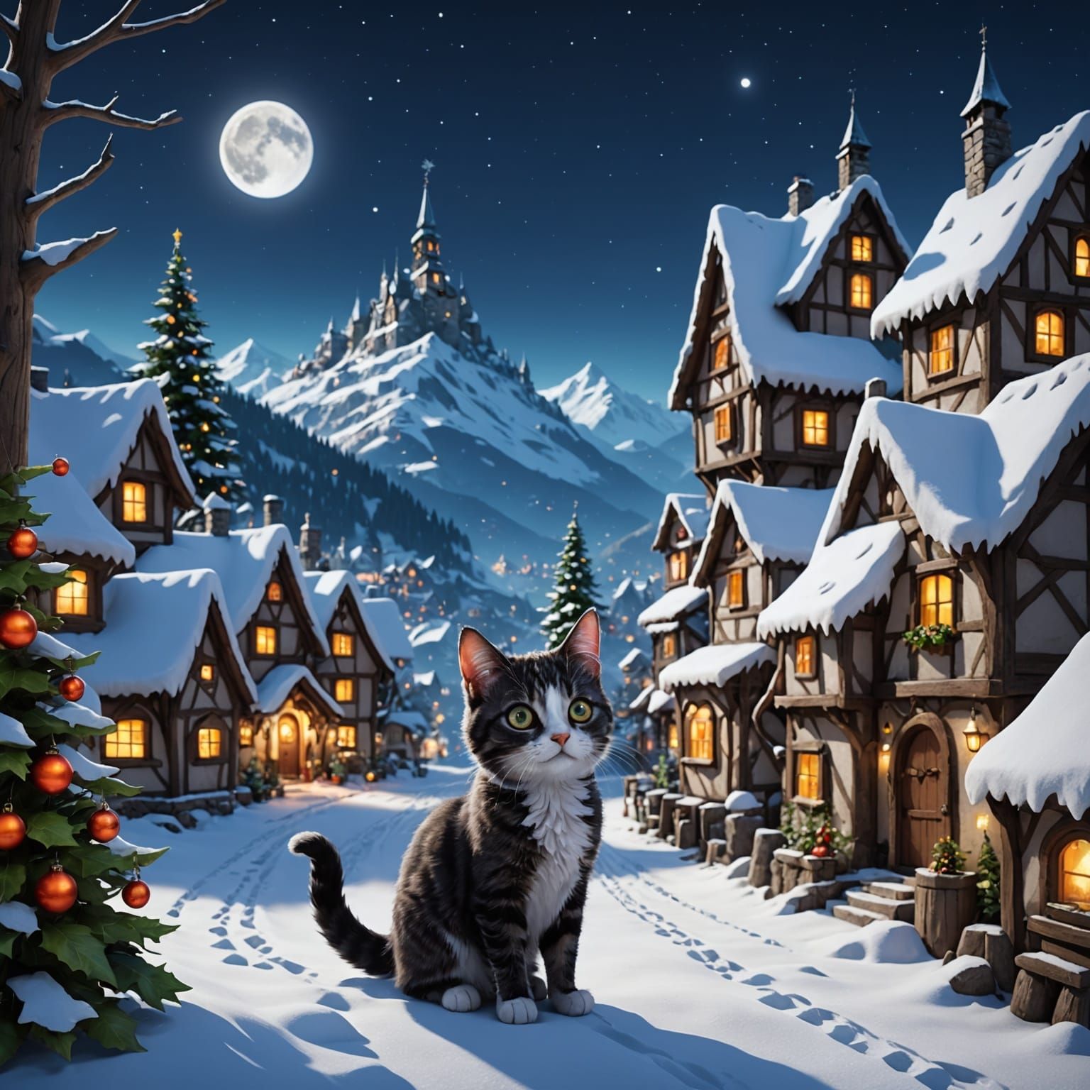Whimsical Christmas Cat in Snowy Village
