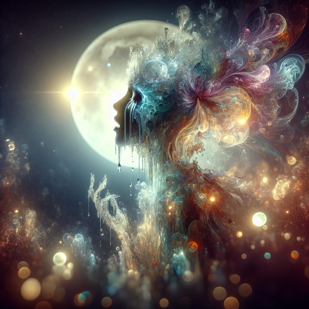 Mythical Spirit Crying Under Moonlight: Surrealist Illustrat...