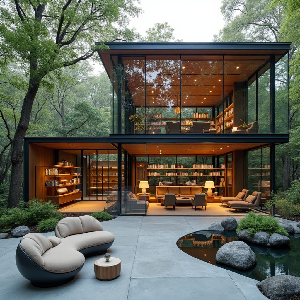 Sleek Glass Architecture: Modern Library in Zen Garden Setti...