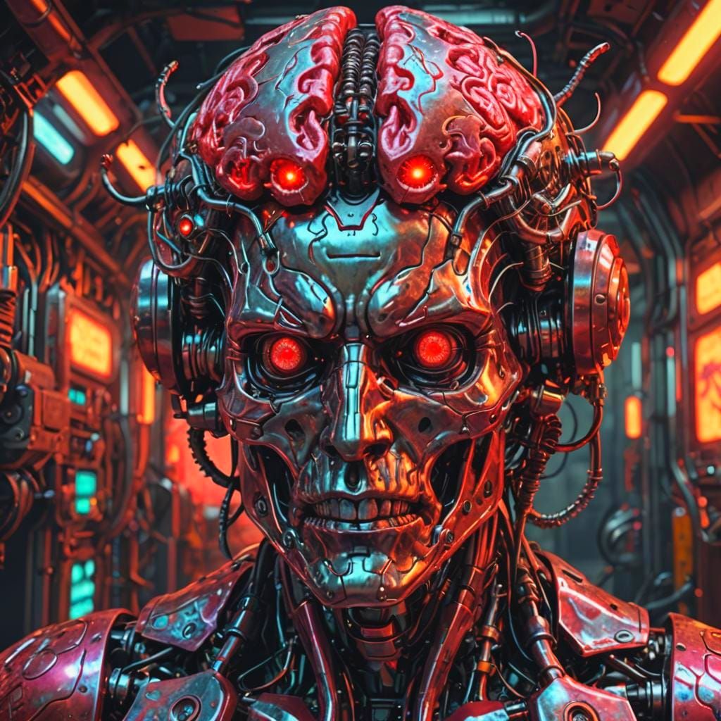 Psychedelic Biopunk Metal Man with Giant Brain