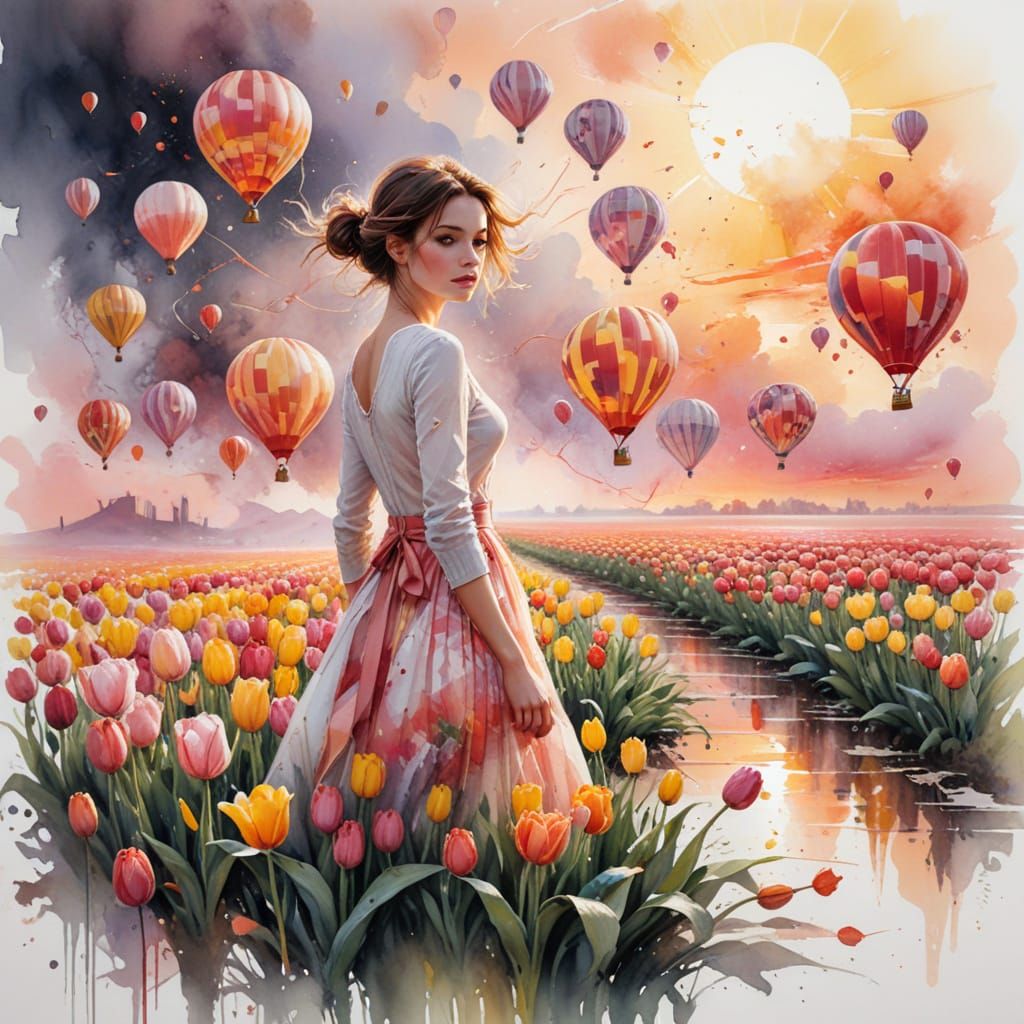 Hot Air Balloons Over Tulip Fields at Dawn