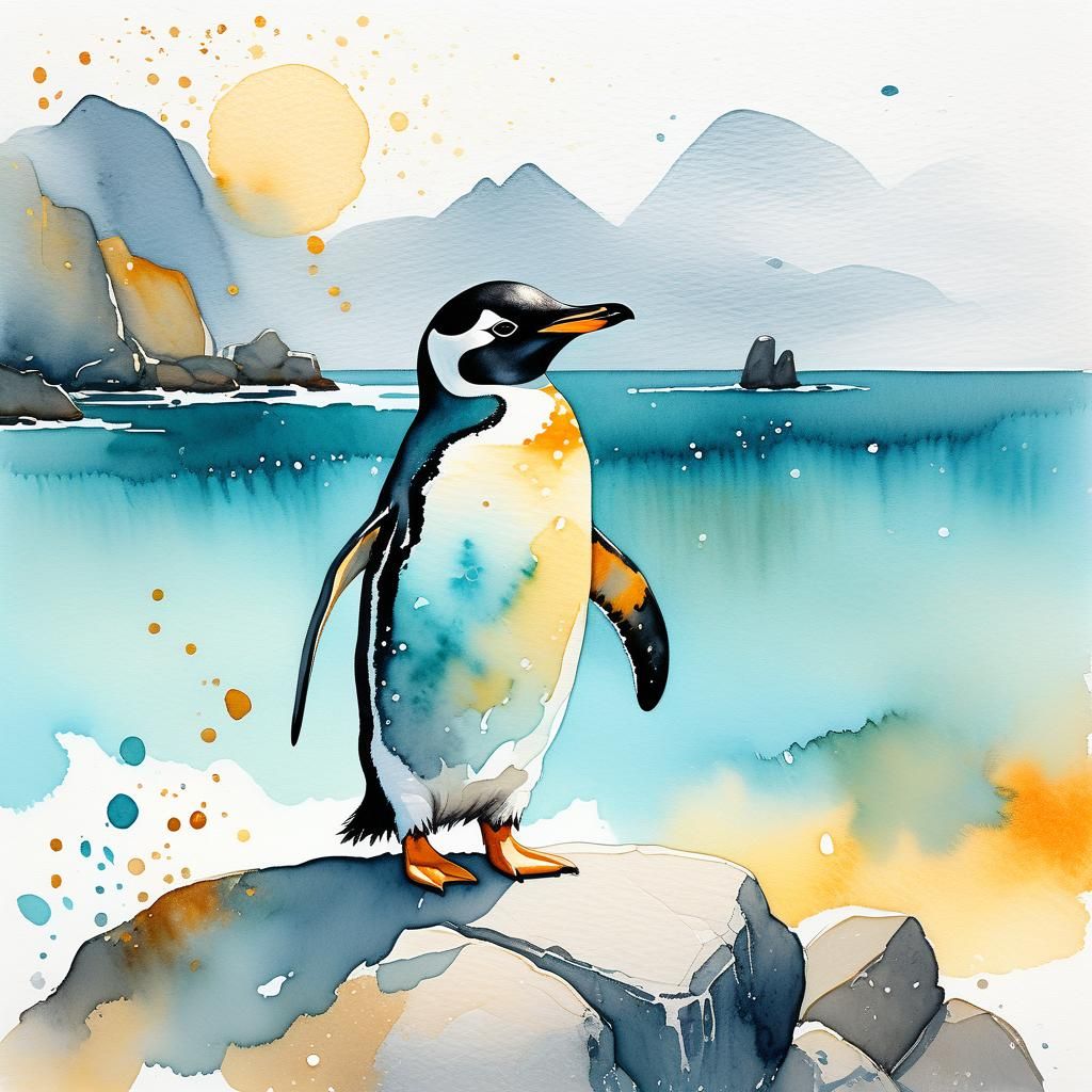 Charming Watercolor Penguin on Rocky Shore