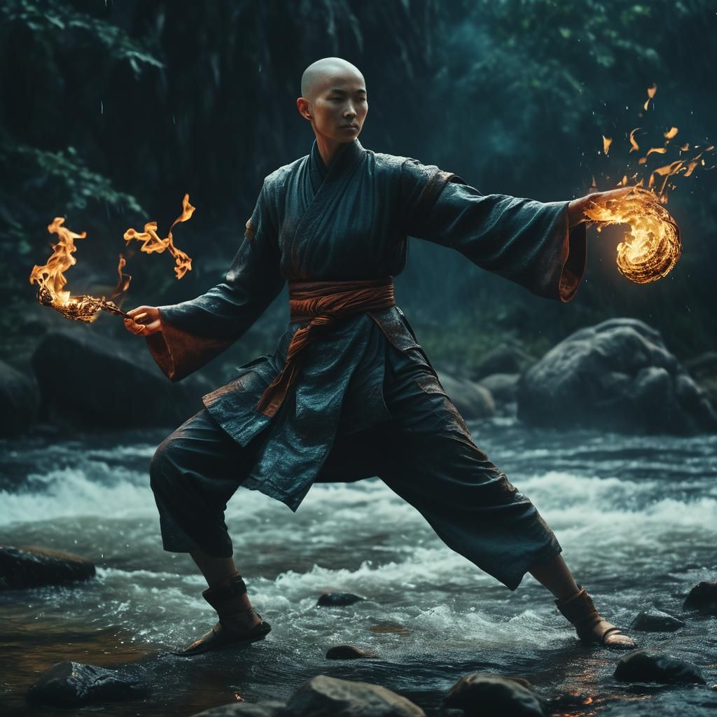 Fantasy Monk Controls Elemental Magic in a Film Still