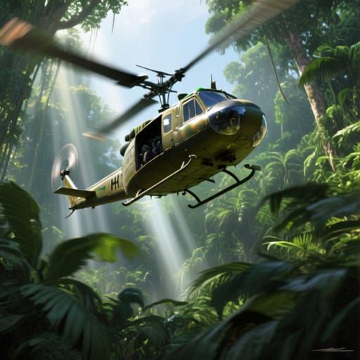 UH-1 Huey Helicopter Flying Over Lush Jungle Canopy