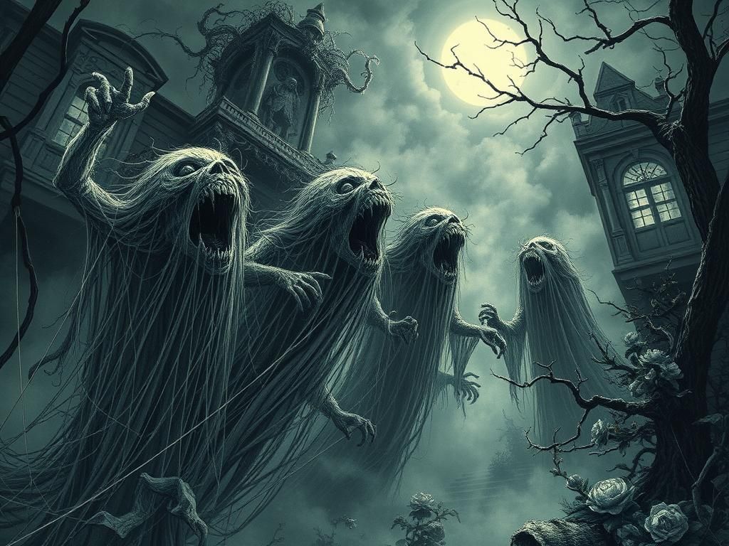 Haunted Manor with Wailing Ghosts in Gothic Line Art