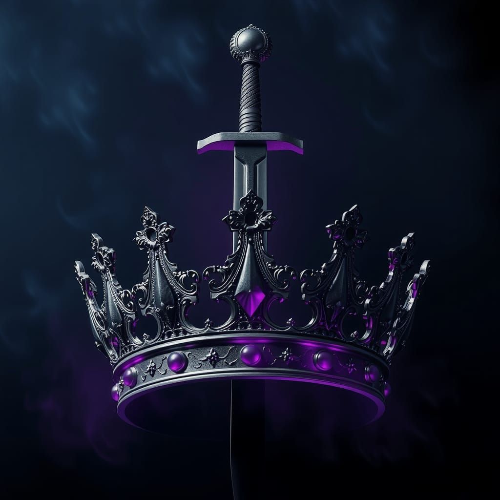 Sword Piercing Purple Crown on Smoky Background