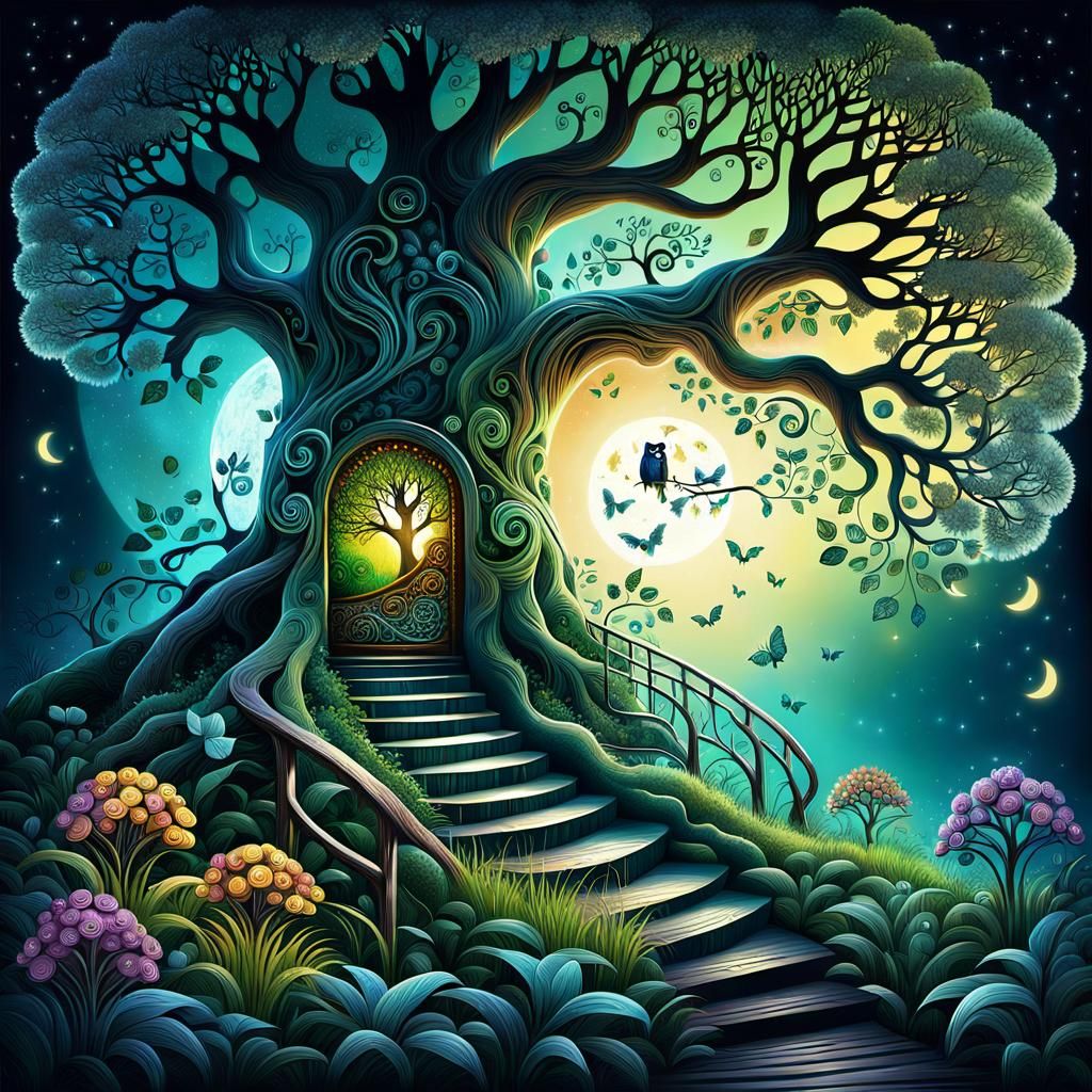 Magical Tree Stairway in Mystical Forest at Night