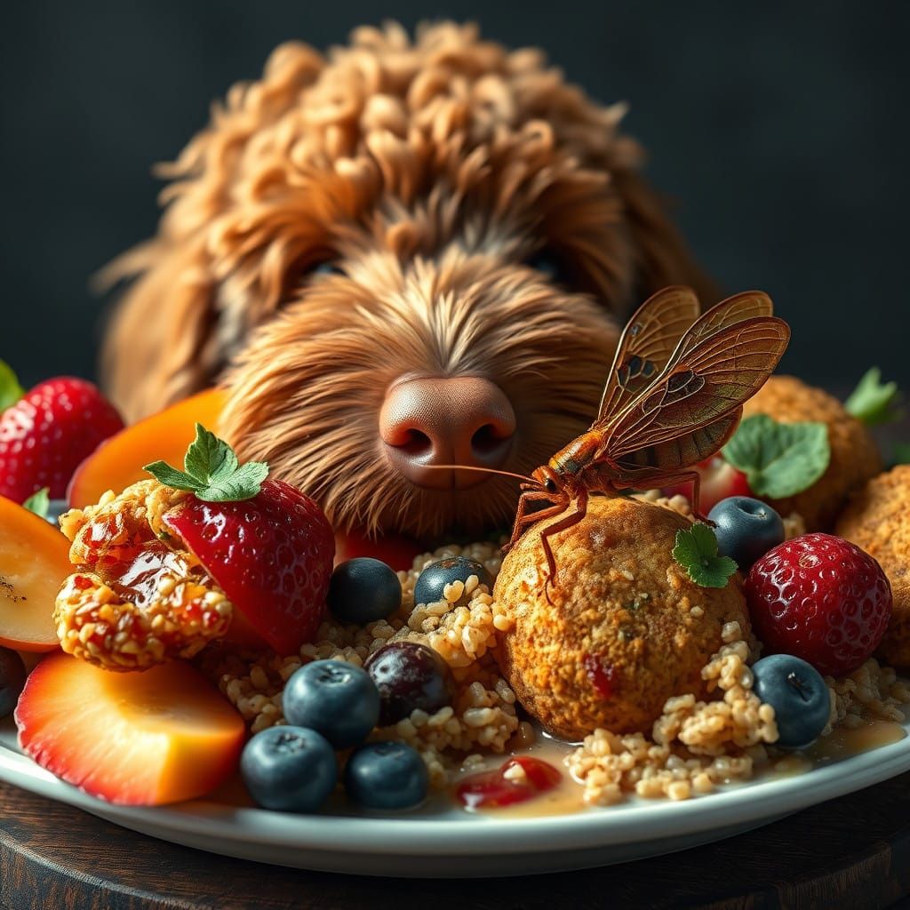 Labradoodle Sniffs Vegan Delights in Whimsical Fantasy Scene