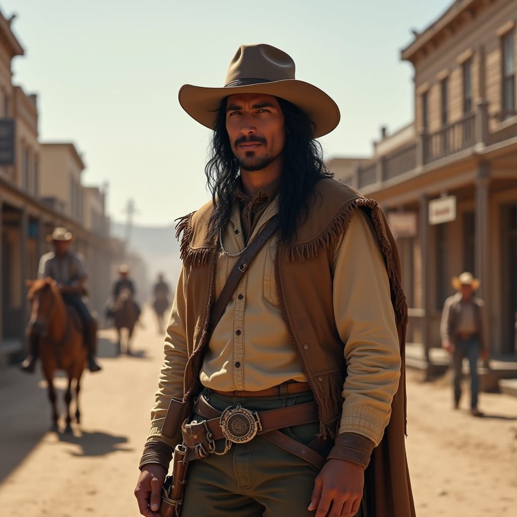 Native American Cowboy in Dusty Western Street