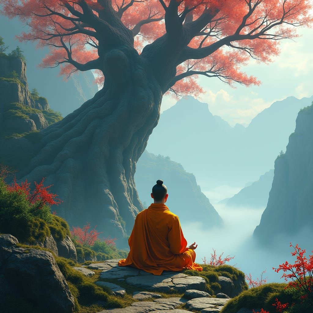 Meditating Monk in Mystical Eastern Landscape