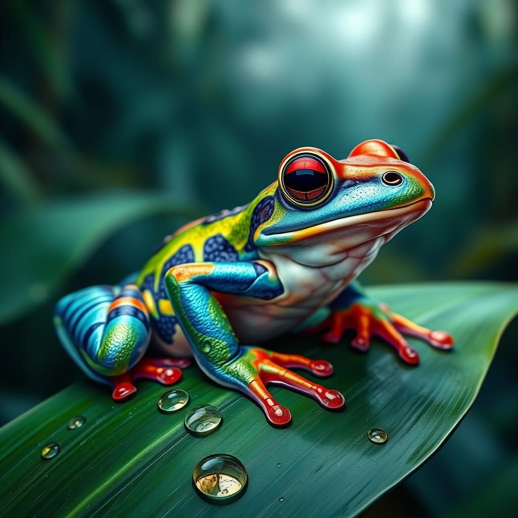 Vibrant Frog in Rainforest, Hyperrealistic Acrylic Painting