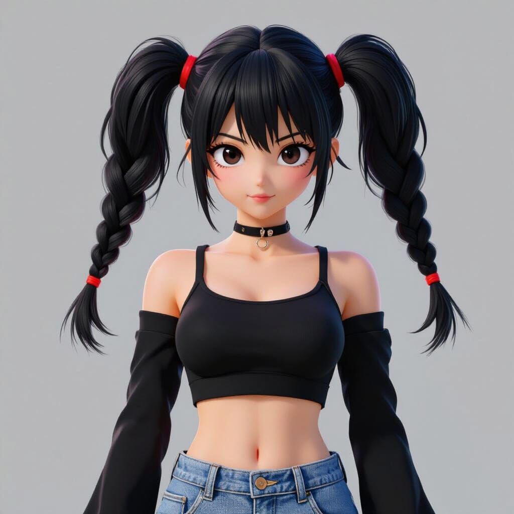 Anime Style Asian Woman in Crop Top and Jeans
