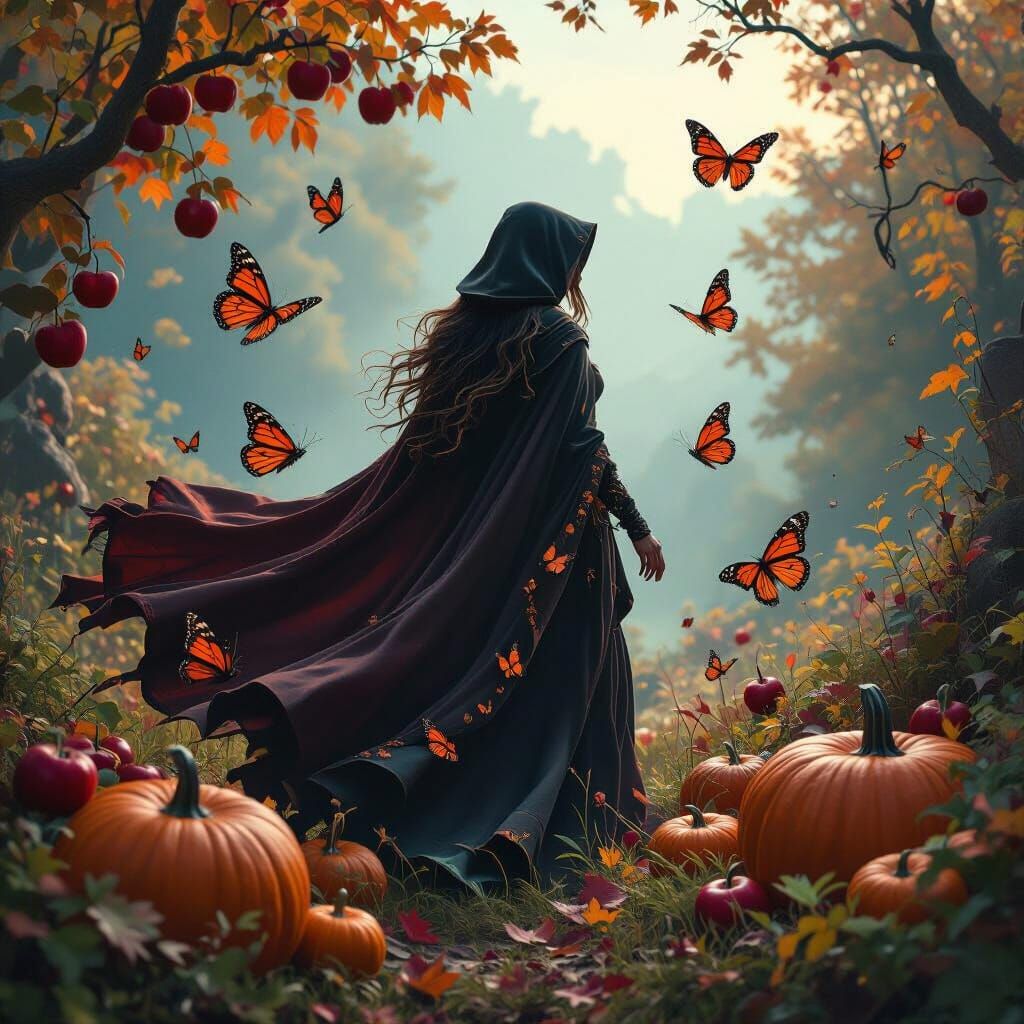 Autumn Equinox Witch with Monarch Butterflies