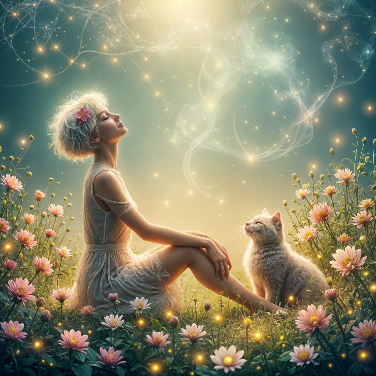 Woman Finding Inner Peace in a Glowing Flower Garden with Ca...