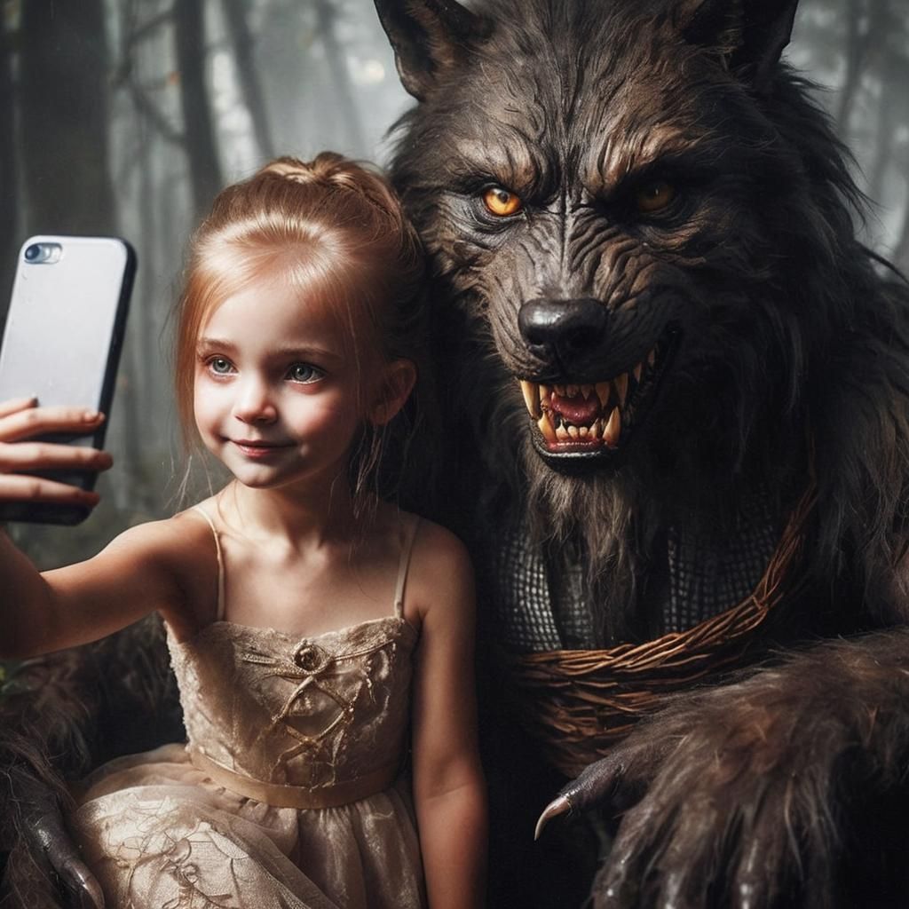 Girl Transformed into Werewolf in Moonlit Forest Landscape