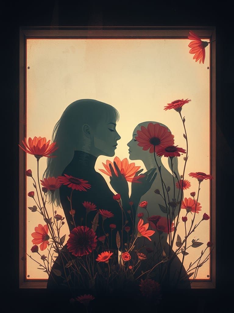 Faded Floral Design Through Cubic Window in X-Ray Style