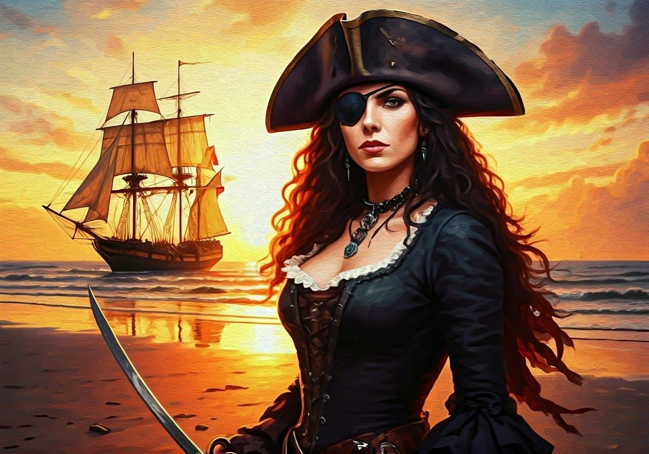 Victorian Pirate Woman on a Deserted Beach in Impressionist...