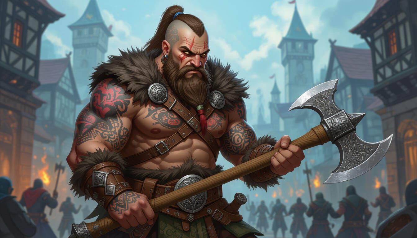 Muscular Bald Warrior Wielding Axe in D&D Style