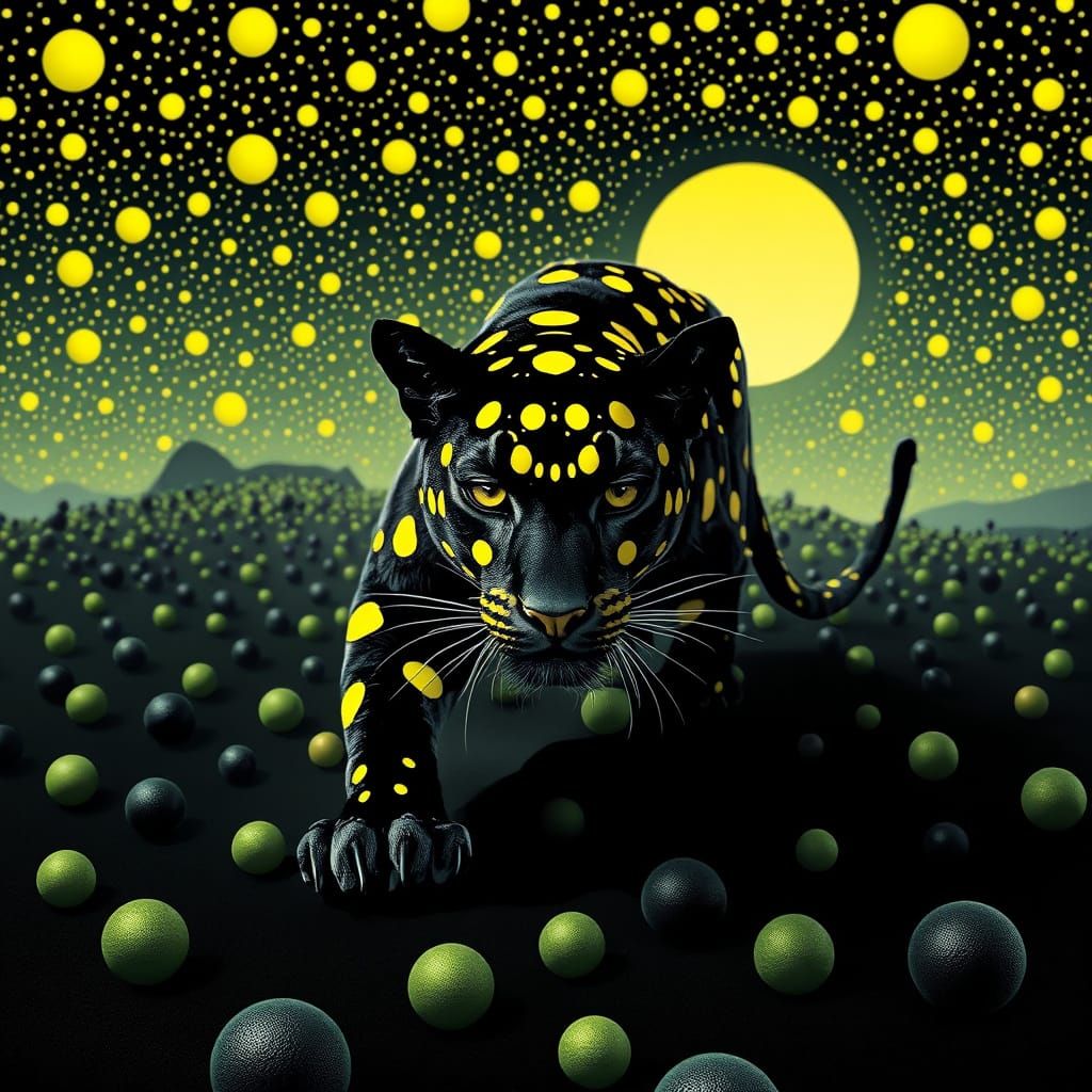 Psychedelic Panther Prowls Surreal Polka Dot Landscape