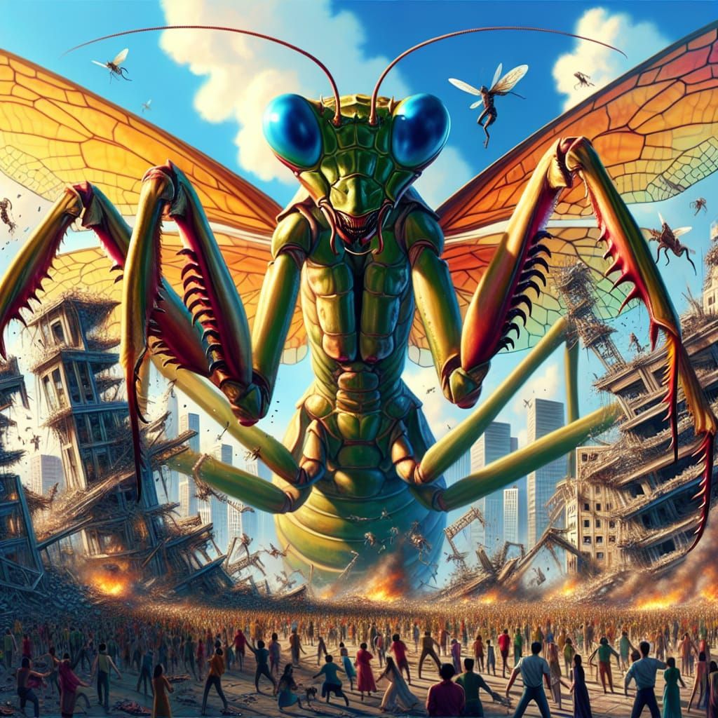 Giant Praying Mantis Rampages Through City in Fantasy Scene