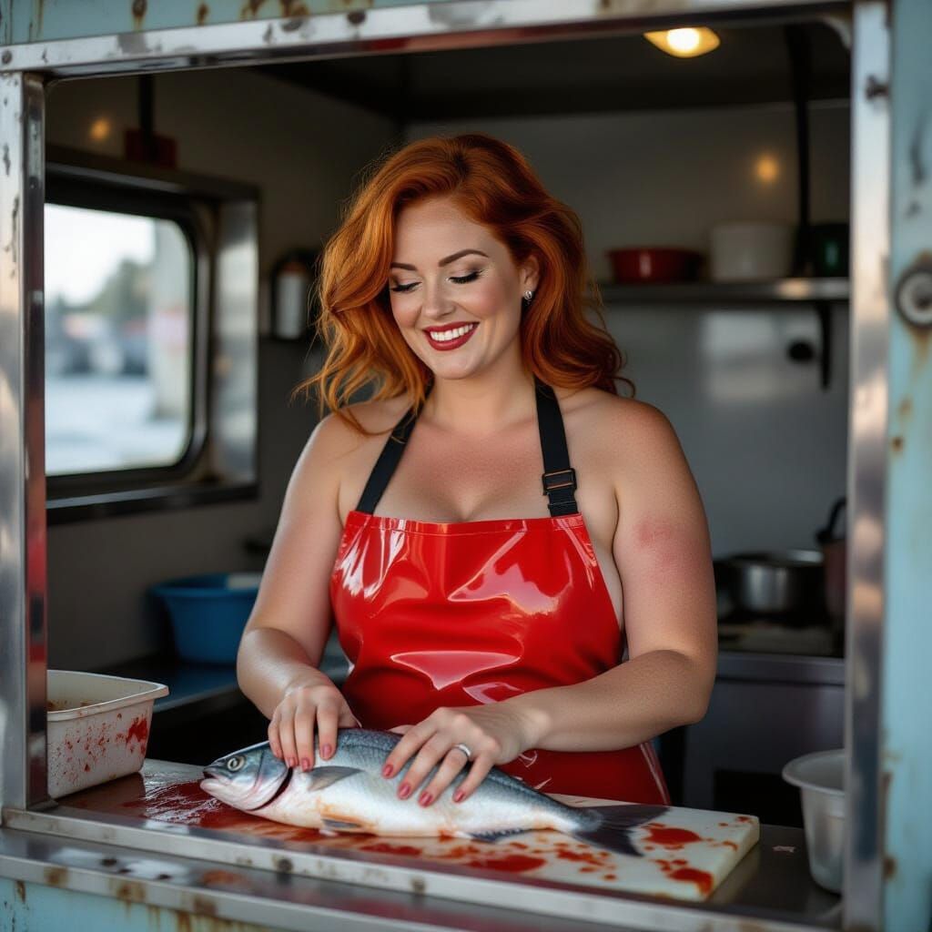 Sassy Redhead Fishmonger in Cinematic Style