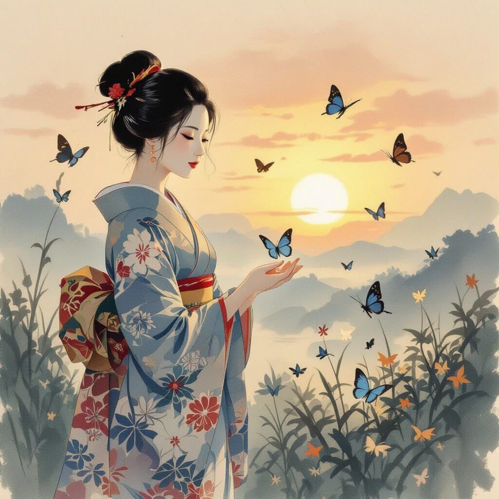 Kimono Woman and Butterflies at Sunrise: Ukiyo-e Style