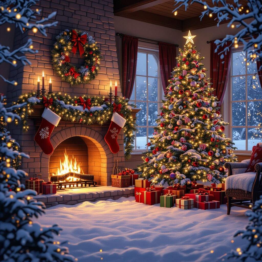 Cozy Christmas House with Tree and Presents