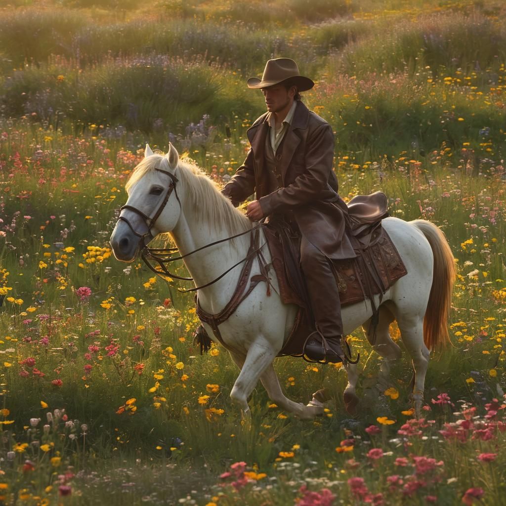 Cowboy Rides Horse Through Lush Wildflower Meadow