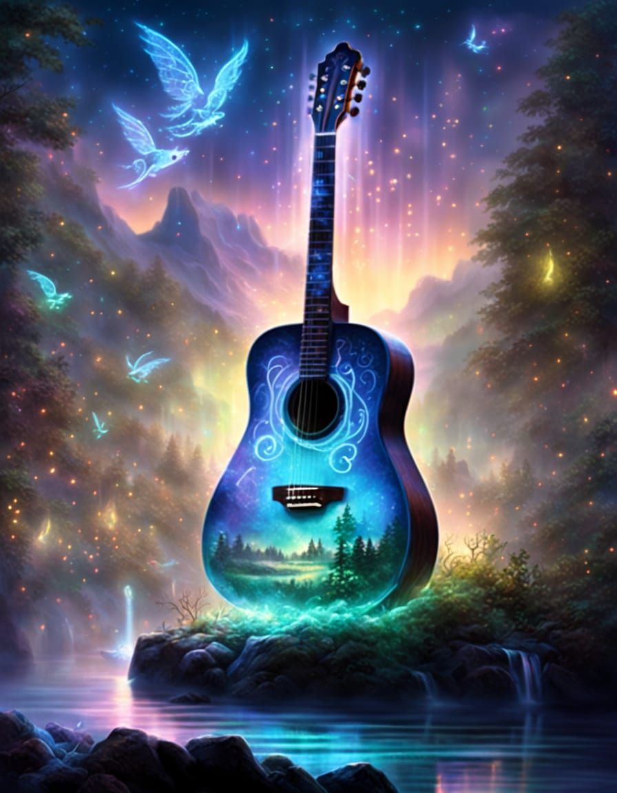 Magical Bioluminescent Guitar Plays Music in Ethereal Mist