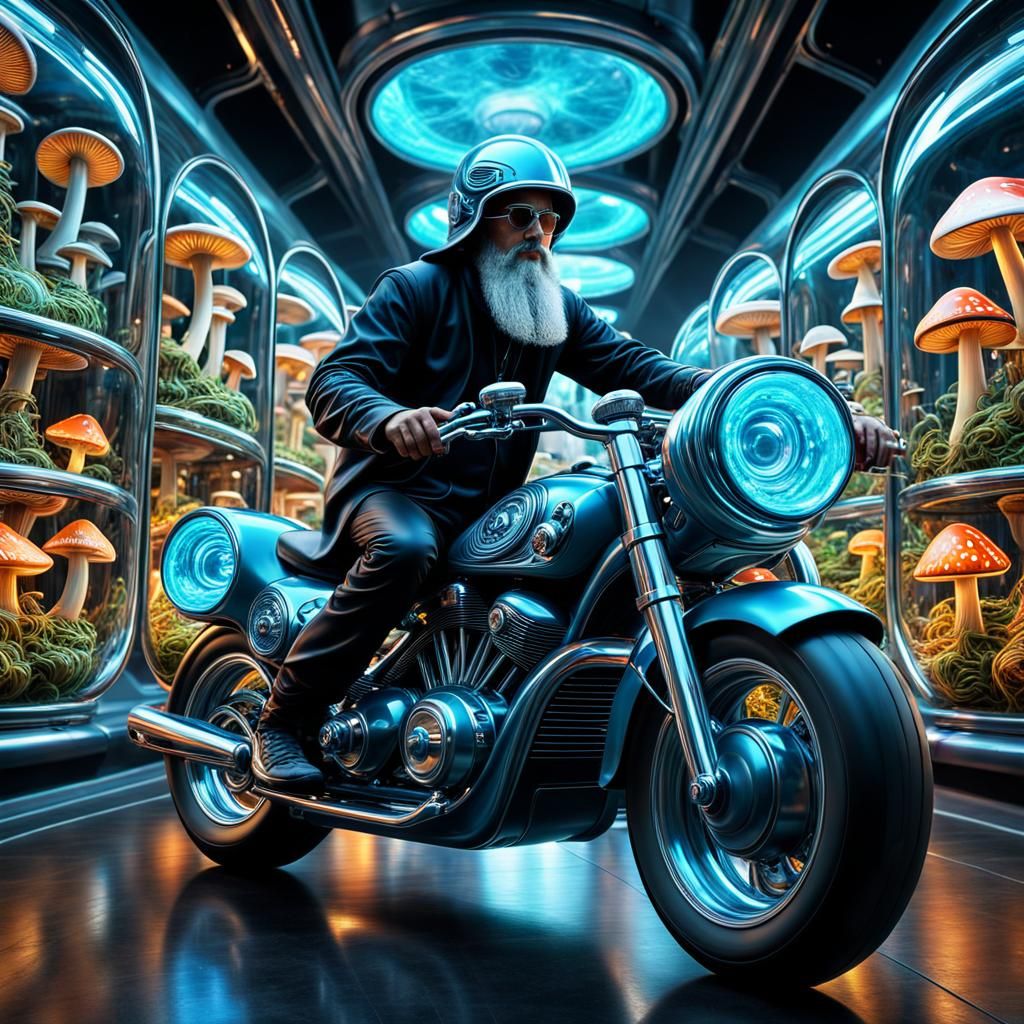 Psychedelic Wizard Rides Motorcycle Through Mushroom Network