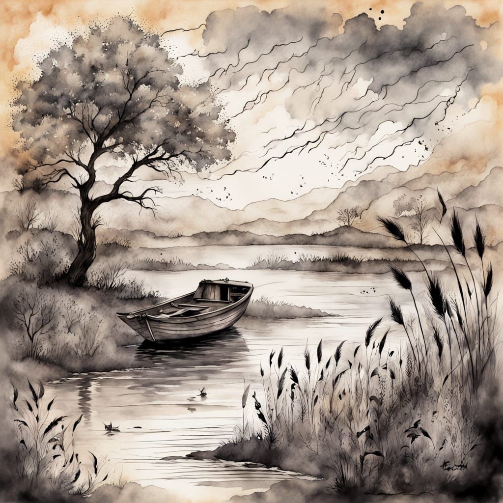 Grayscale Watercolor Boat on Misty Night