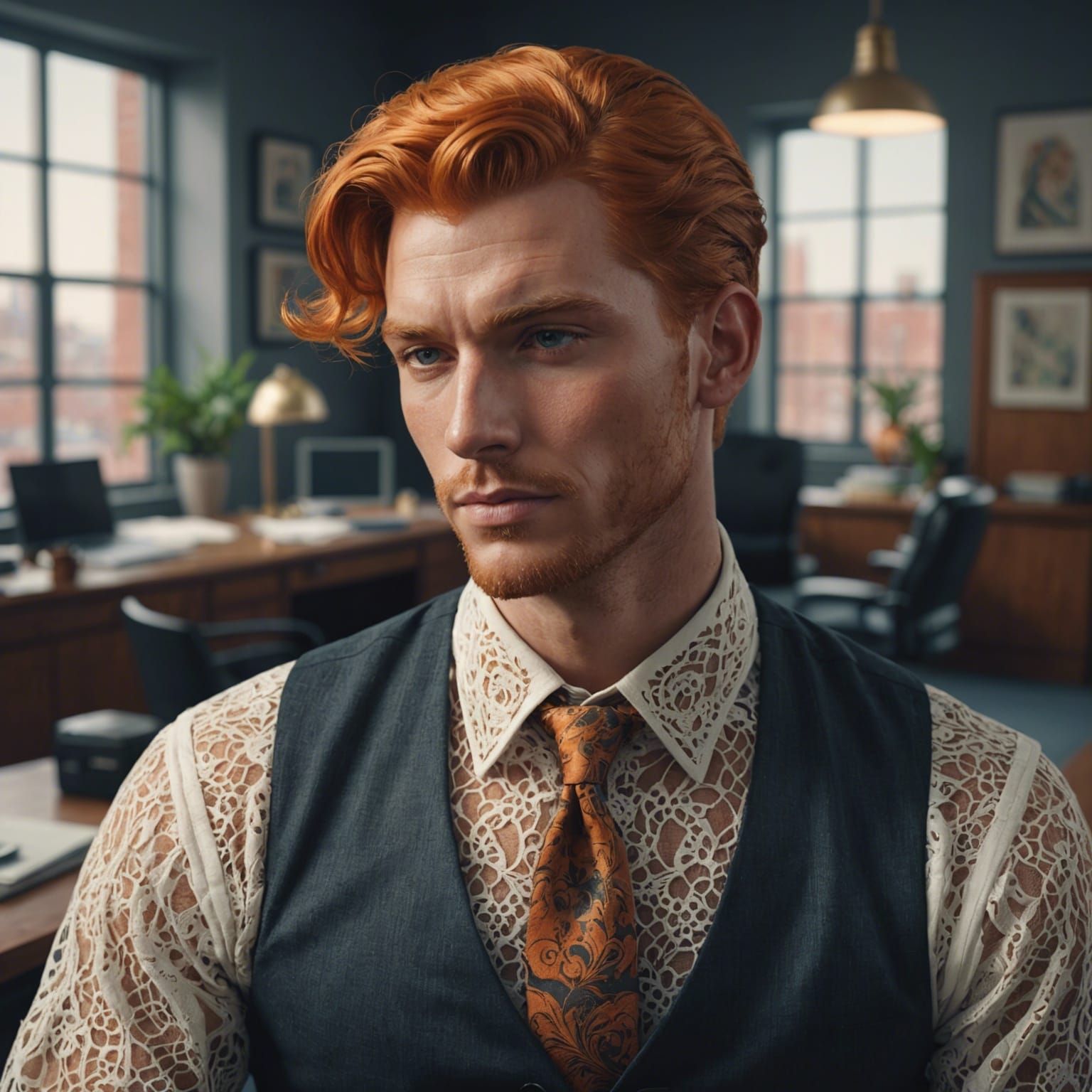 Orange Haired Male Model in Lace, Hyperdetailed Art