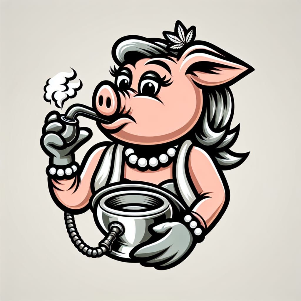 Humorous Pig Character Smoking a Water Pipe