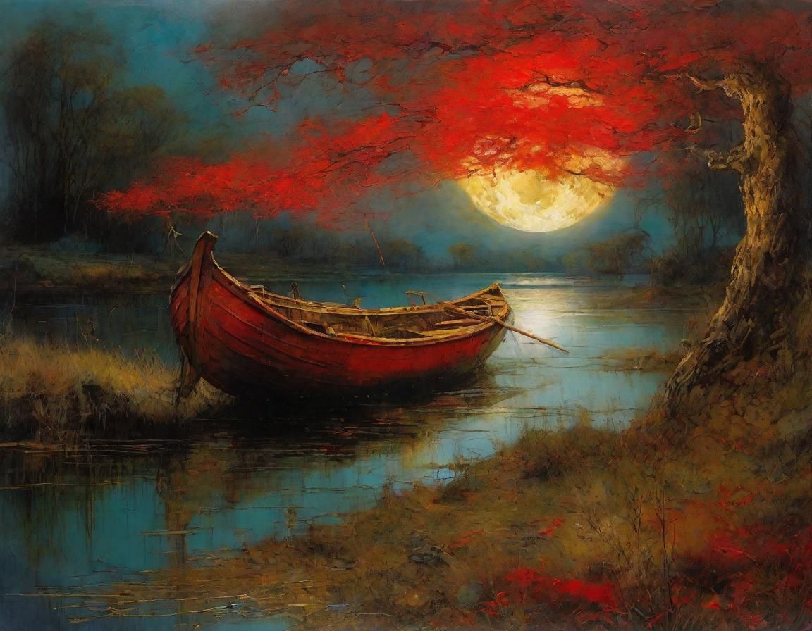 Vibrant Moonlit Night Scene with Red Boat