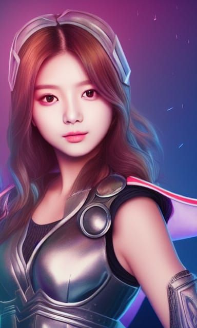 K-Pop Star as Thor, Hyperrealistic Art Nouveau Portrait