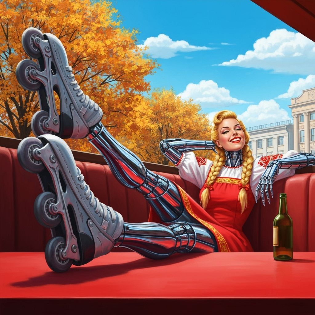 Cybernetic Russian Woman in Folk Dress with Rollerblades