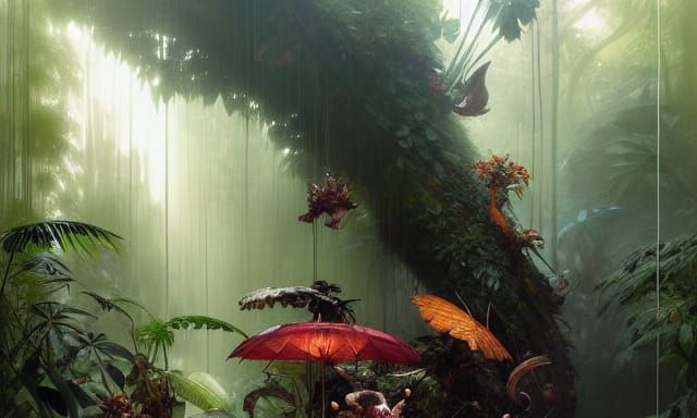 Lush Rainforest Scene in Rococo Style