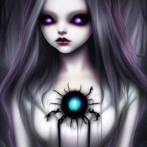 Gothic android doll that looks innocent but is secretly evil with cracks exposing the metal& Long black hair& Blue eyes&...