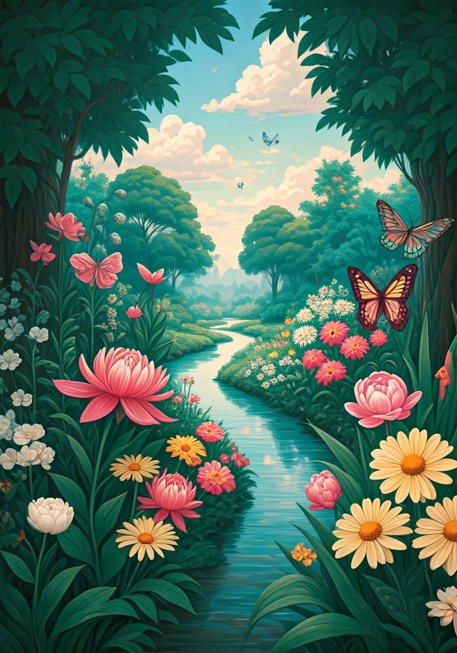 Whimsical Garden Scene in Vibrant Colors and Playful Details