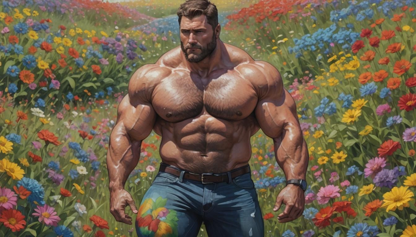 Extremely Muscular Man in Rainbow Flower Field