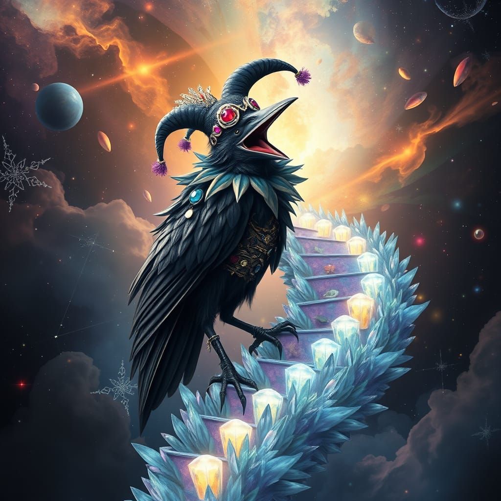 Nebula Jester Crow on Crystal Staircase