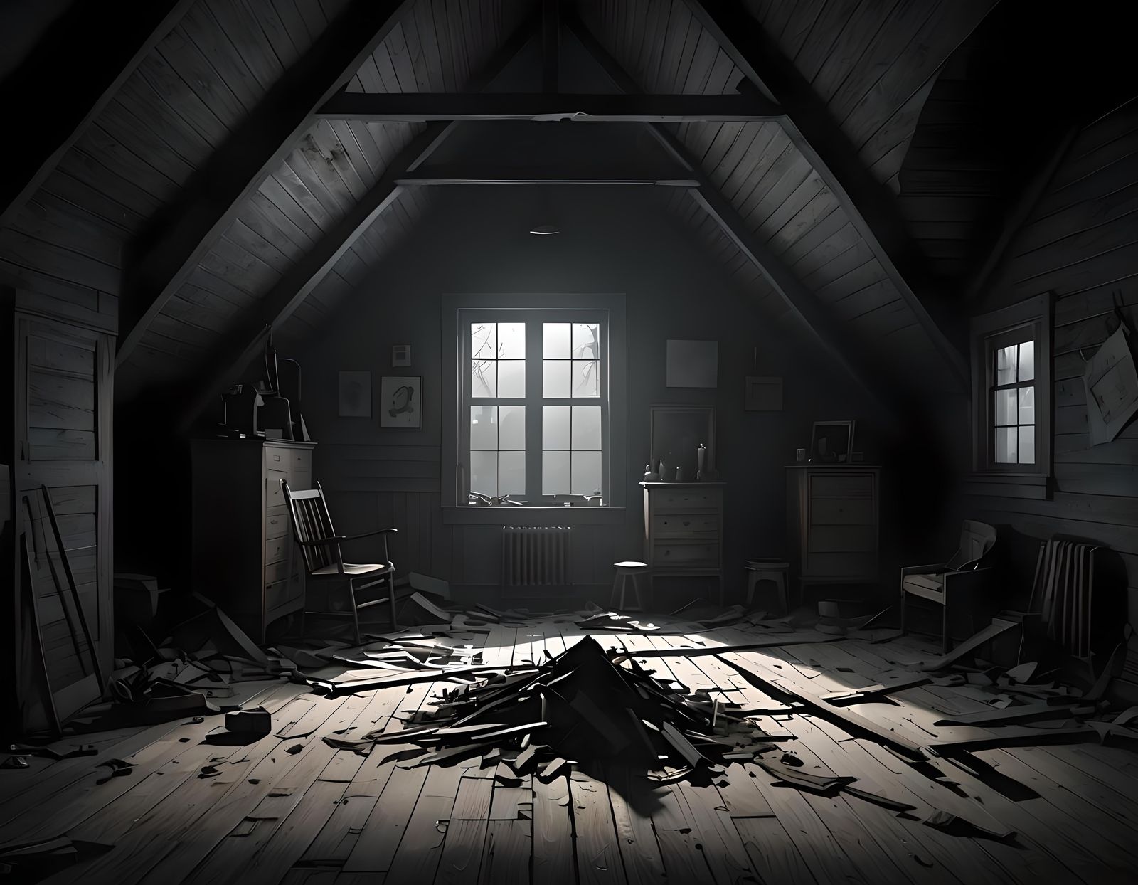 Spectral Figure in Abandoned Attic: Minimalist Horror