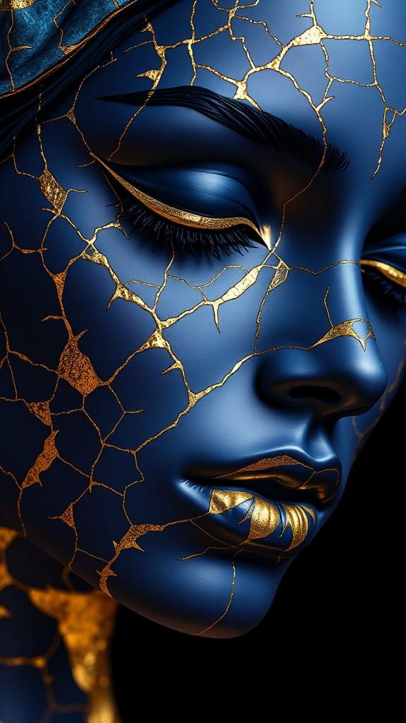 Surreal Woman's Face in Blue and Gold, with Kintsugi Lines