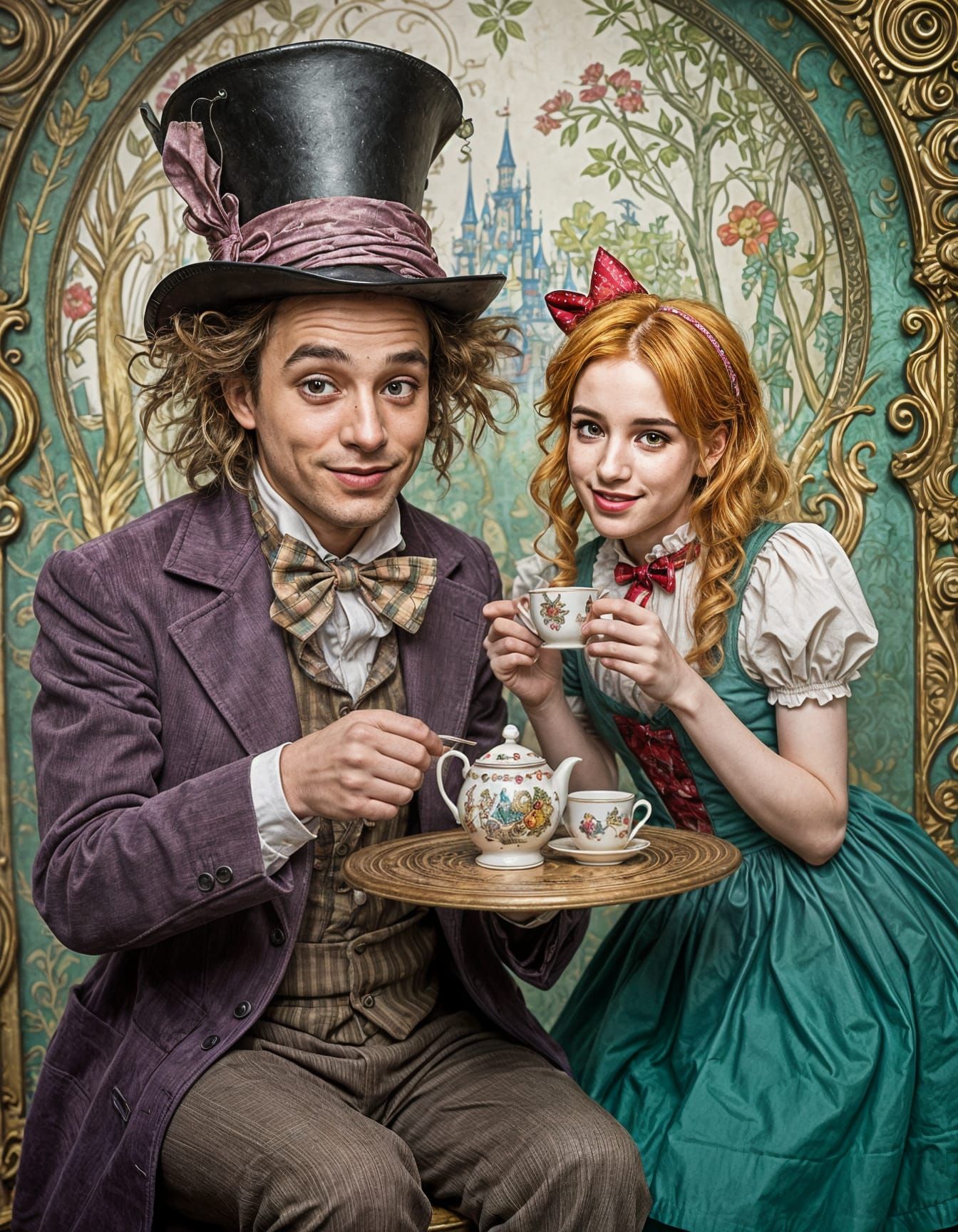 Mad Hatter and Alice Tea Party in Art Nouveau Style
