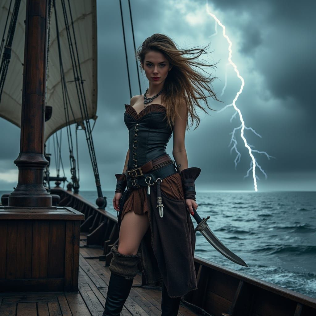 Fierce Pirate Woman on Ship Deck in Storm