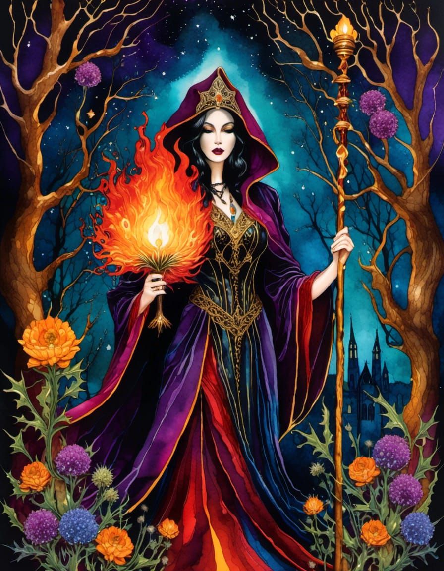 Gothic Priestess Reaching for Stars in Alcohol Ink