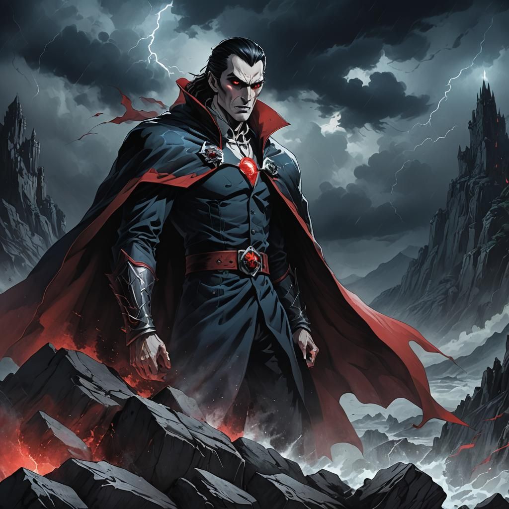 Gothic Anime Dracula in Storm on Rocky Cliff